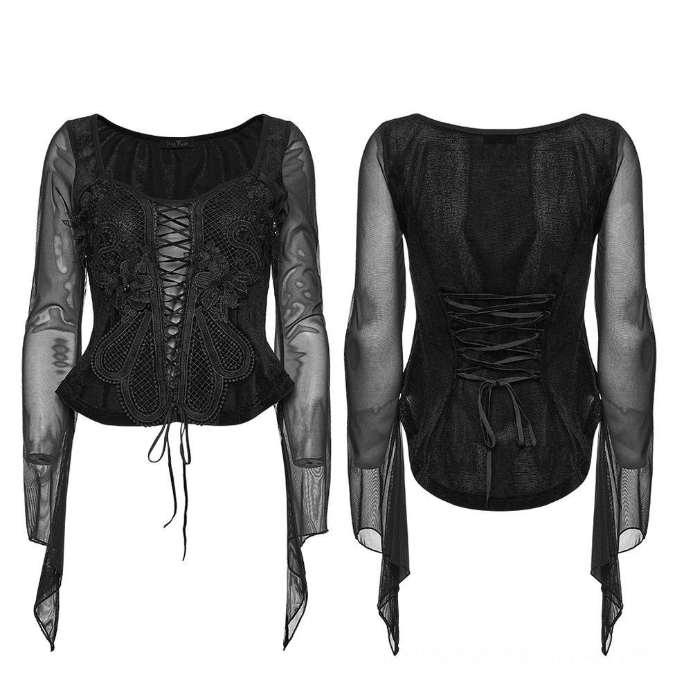 Front and back flat lay display of black velvet mesh embroidery gothic top with handkerchief sleeves