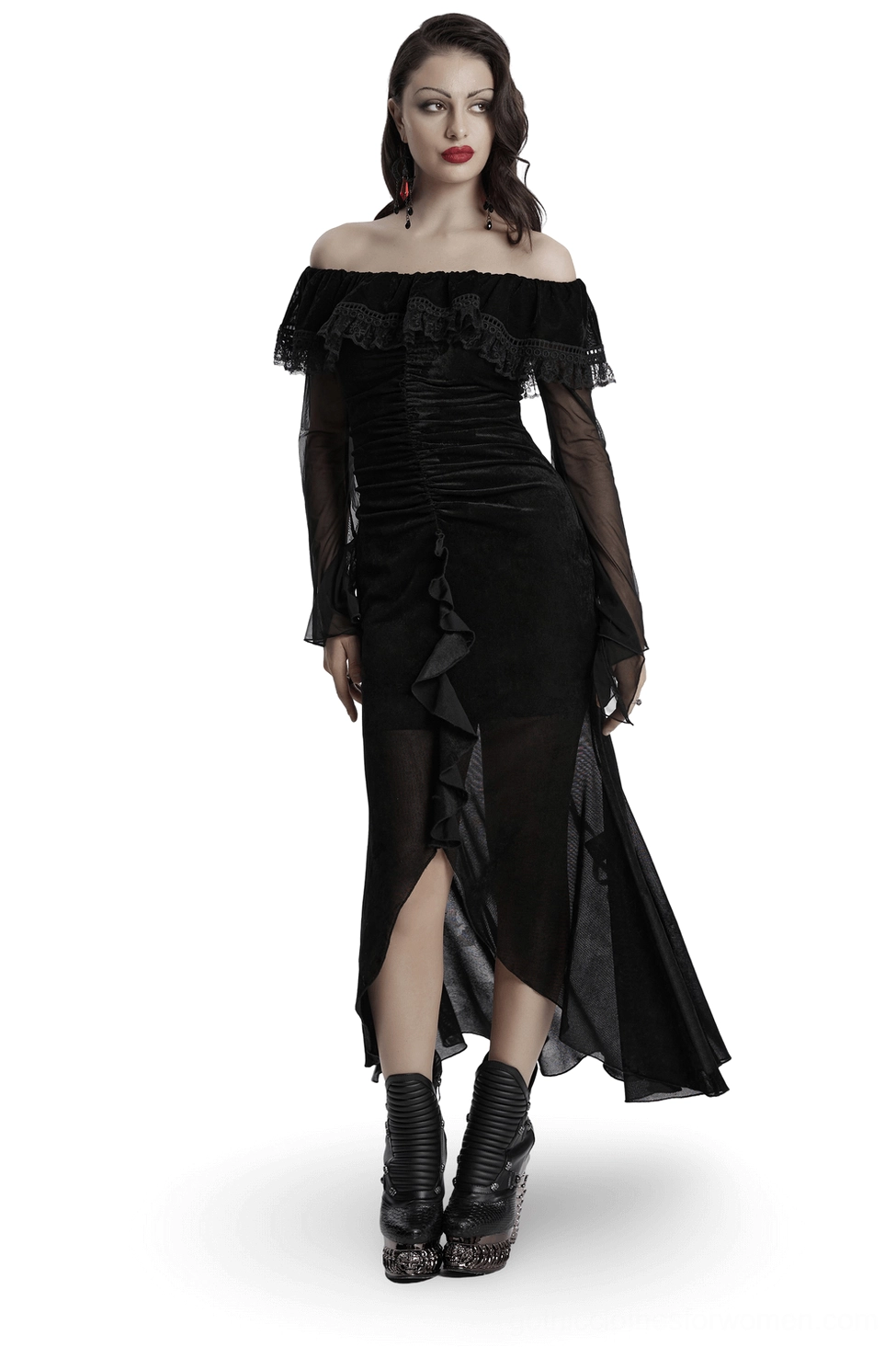 Black velvet mesh fishtail gothic dress with lace ruffle collar and off-shoulder neckline, front full-body view on model