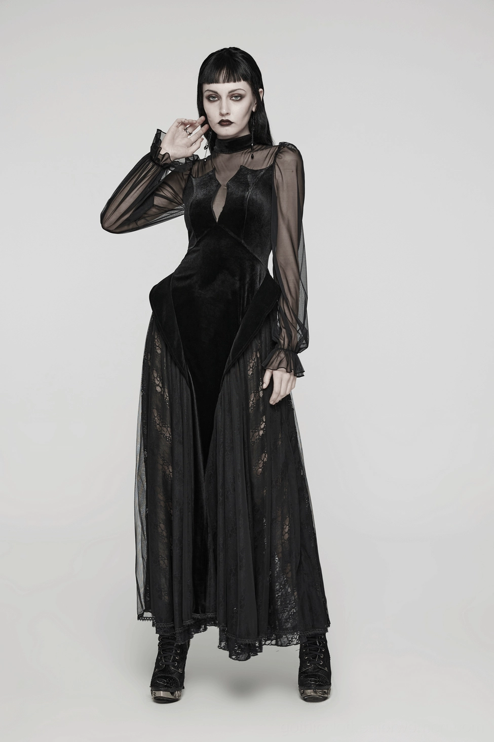 Alternative angle of black velvet mesh gothic dress showing silhouette, mesh sleeve construction, and overall proportions