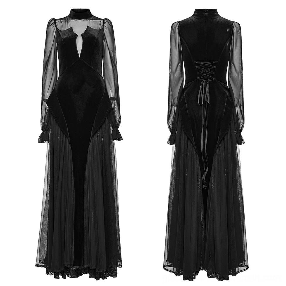 Flat lay of black velvet mesh gothic maxi dress displaying high stand collar, keyhole cutout, and fitted silhouette design