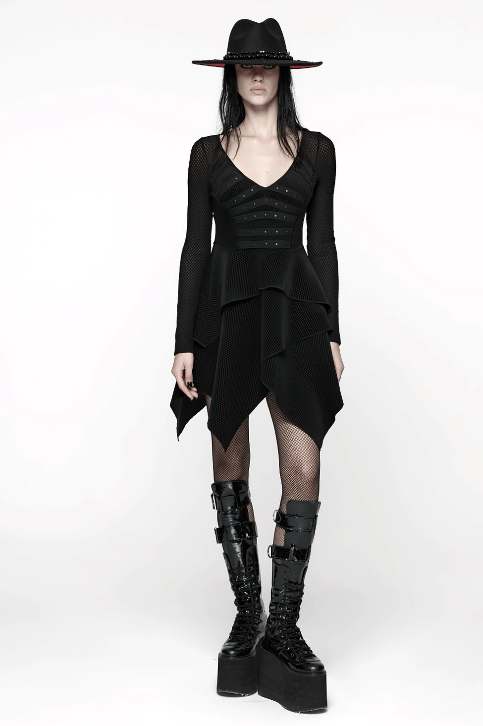 Full length view of black velvet mesh gothic dress showcasing overall design and rivet waist feature