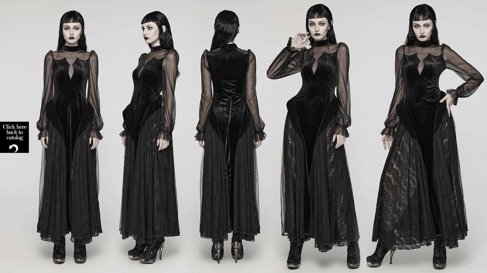 Black velvet mesh gothic maxi dress full front view on model displaying complete design with batwing sleeves and dramatic silhouette