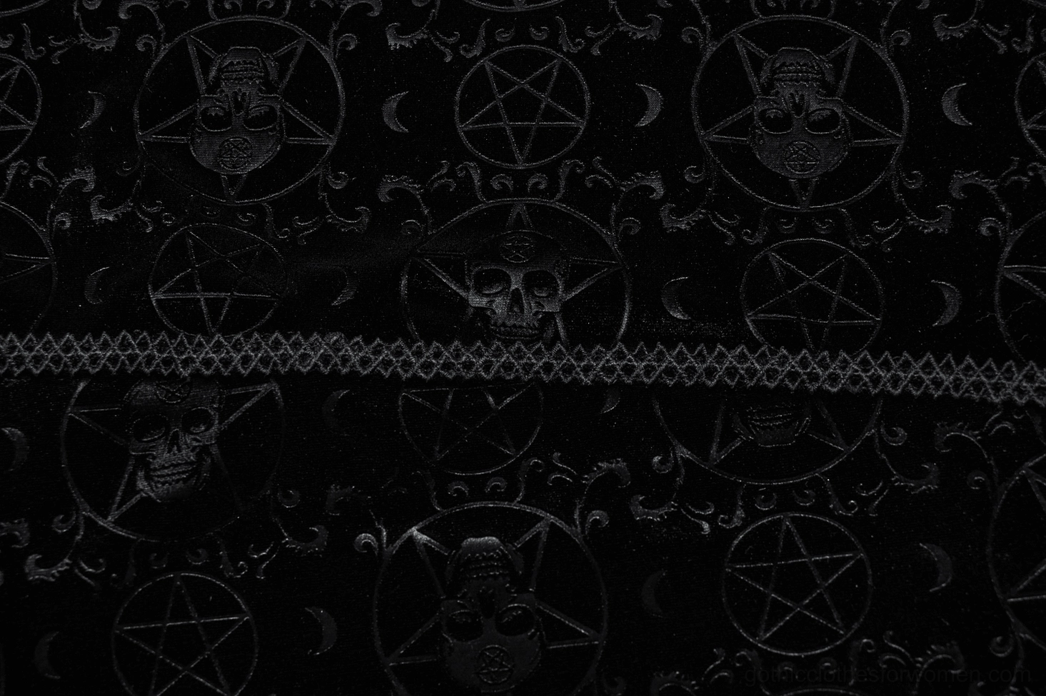 Black velvet occult pentagram cape with flexible star tassels and embossed gothic patterns full product view