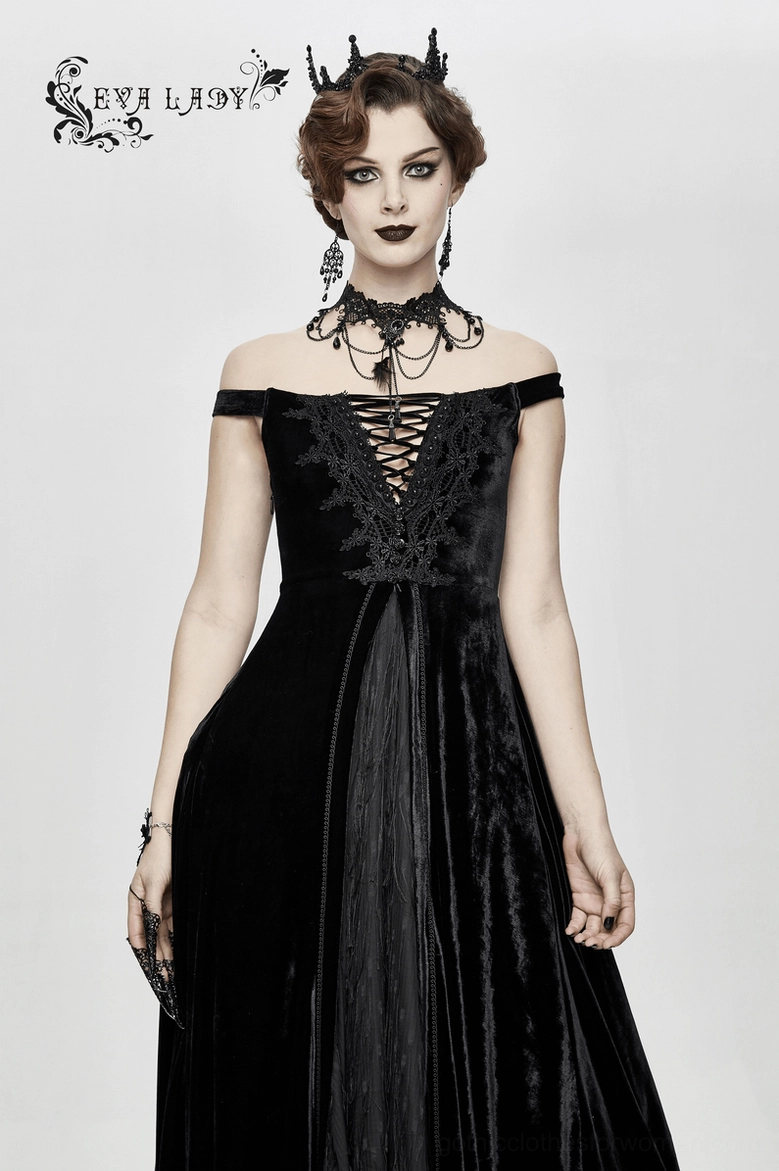 Black velvet off-shoulder gothic maxi dress with lace-up bodice detail, full-length elegant product view on white studio background