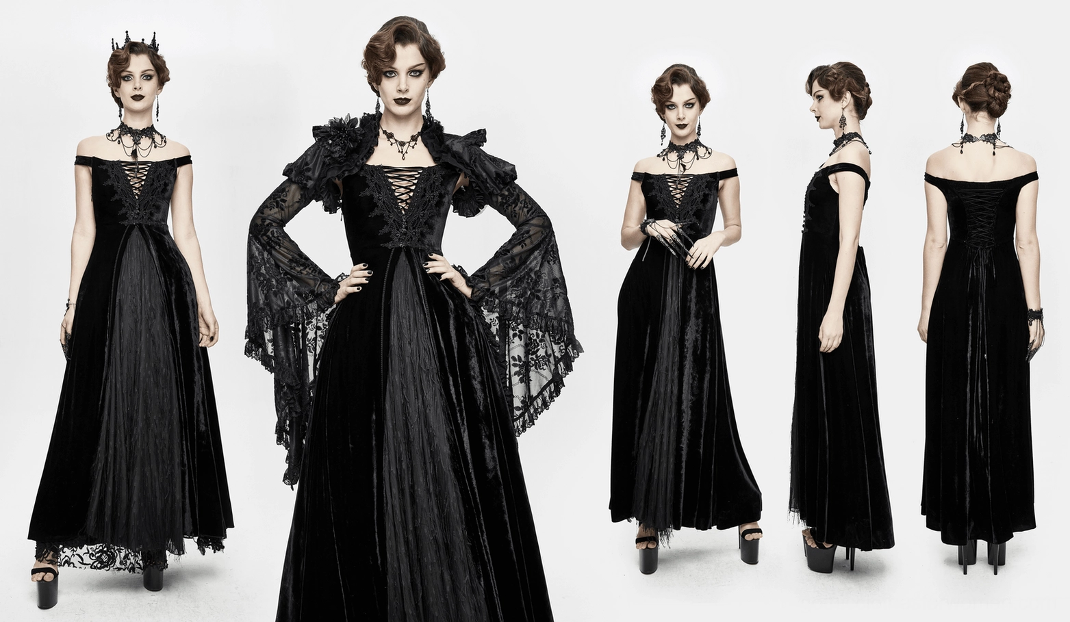 Black velvet off-shoulder gothic maxi dress with lace-up front bodice and floor-length silhouette, elegant full-body view on white background