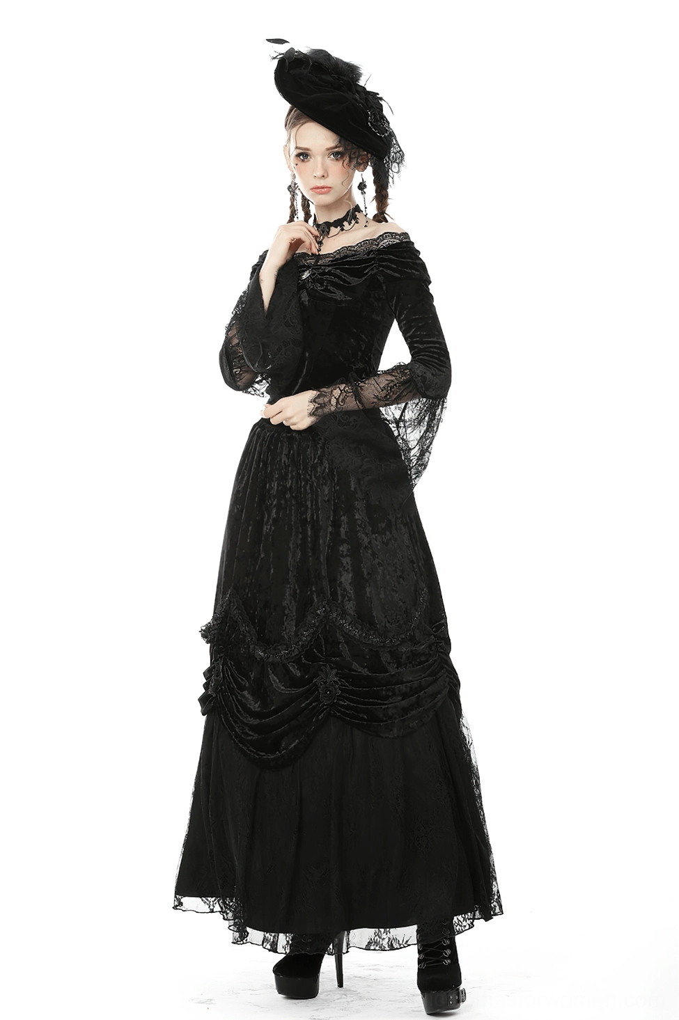 Black velvet off-shoulder top with flared lace sleeves, full-length wear demonstration