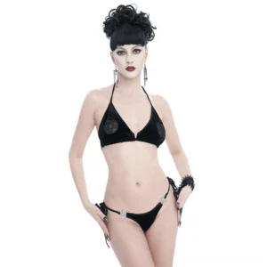Black velvet pentagram bikini front view on female model with gothic styling and white studio background