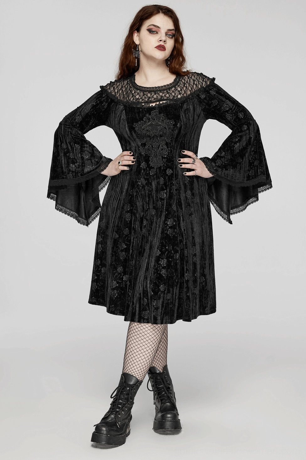 Black velvet rose gothic dress artistic styling shot showcasing overall silhouette and gothic aesthetic presence