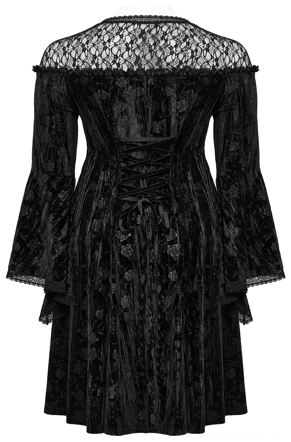 Black velvet rose gothic dress back flat lay showing velvet ribbon corset lacing and embossed rose texture detail