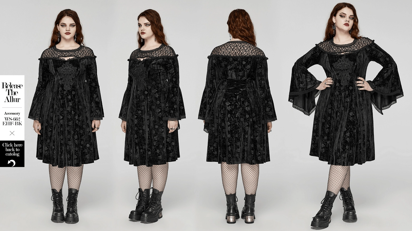 Black velvet rose gothic dress complete ensemble view showing bell sleeves, corset back, and alternative fashion styling