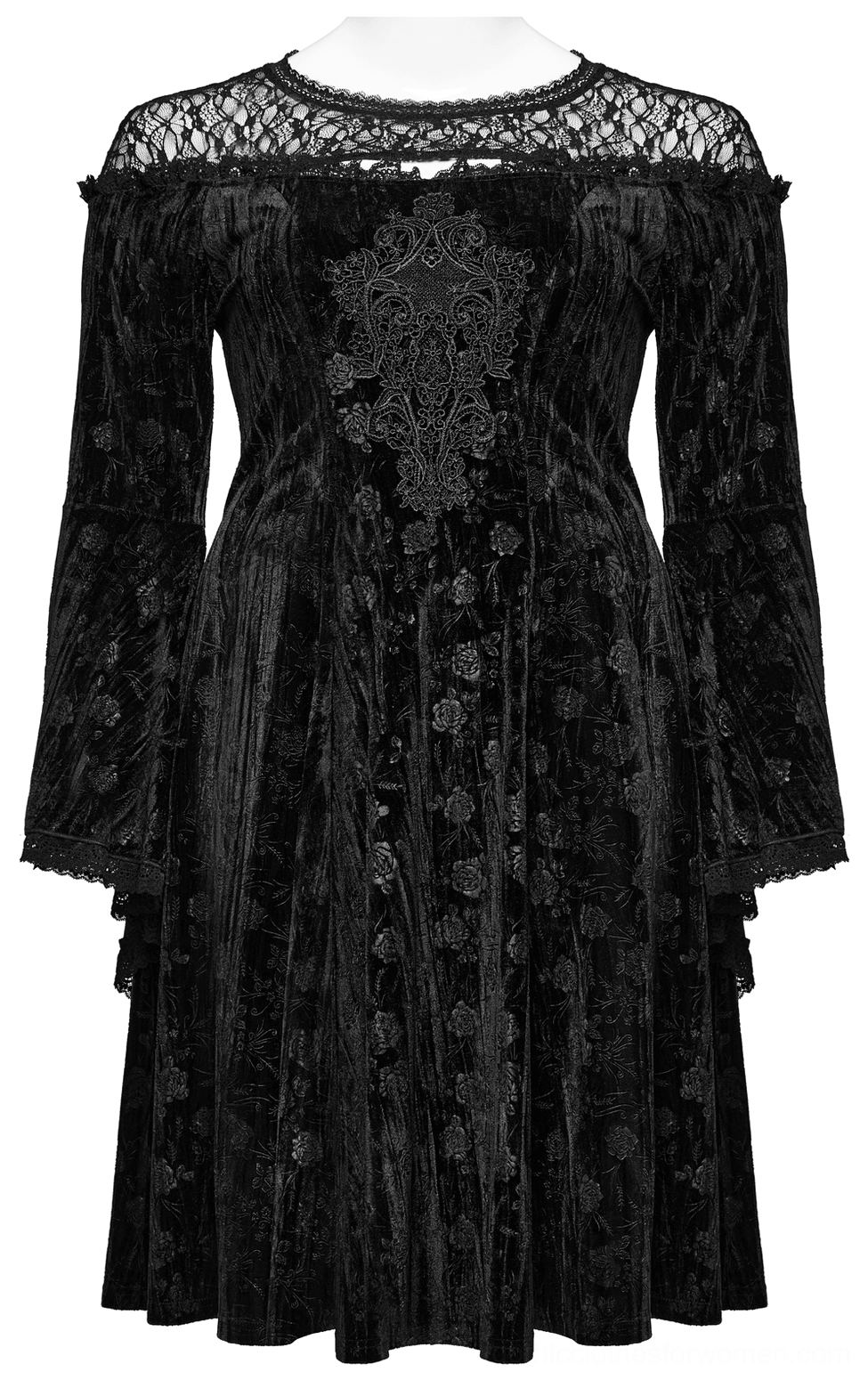 Black velvet rose gothic dress front flat lay on mannequin with detailed lace yoke and embroidered chest panel