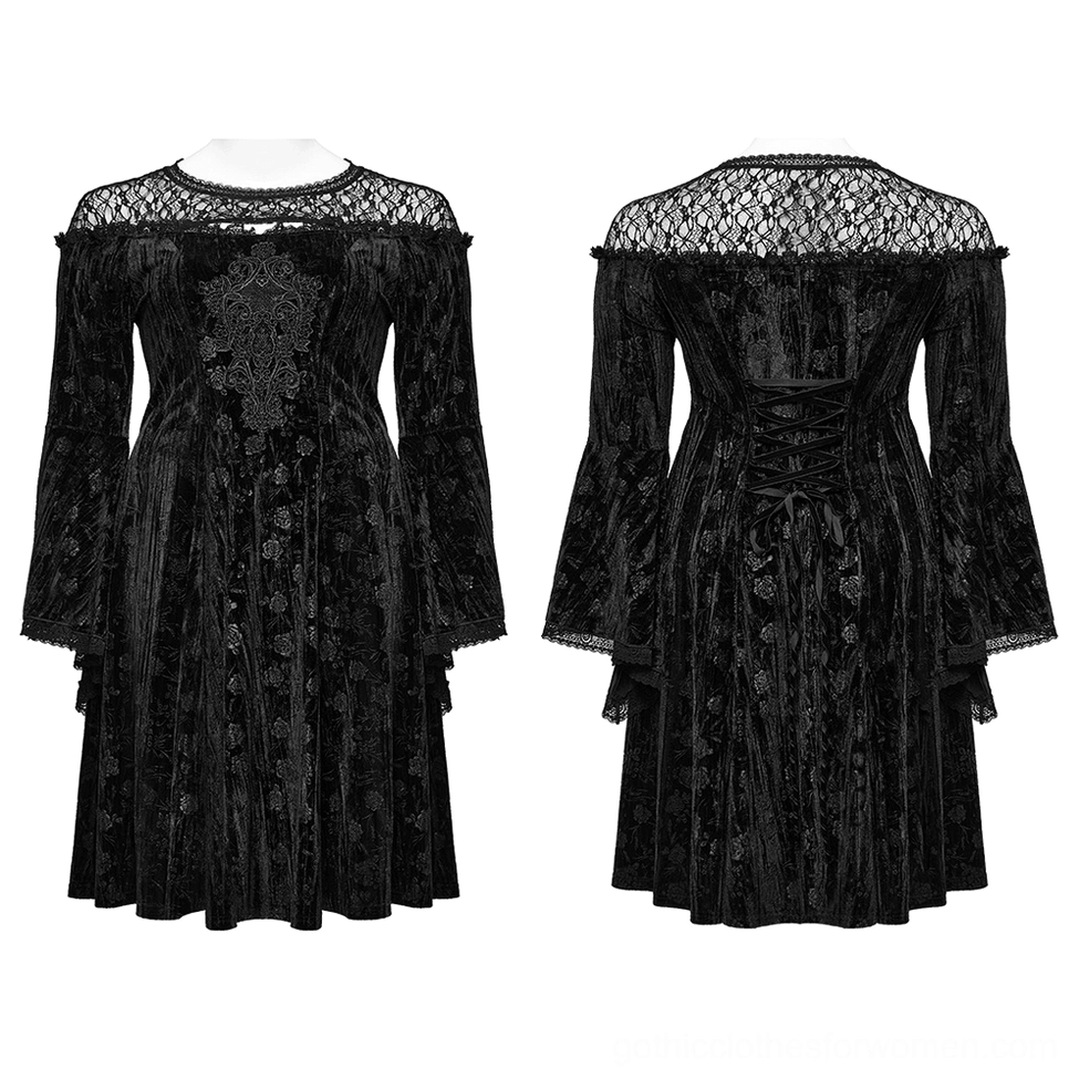Black velvet rose gothic dress front and back mannequin display showing bell sleeves and structured silhouette