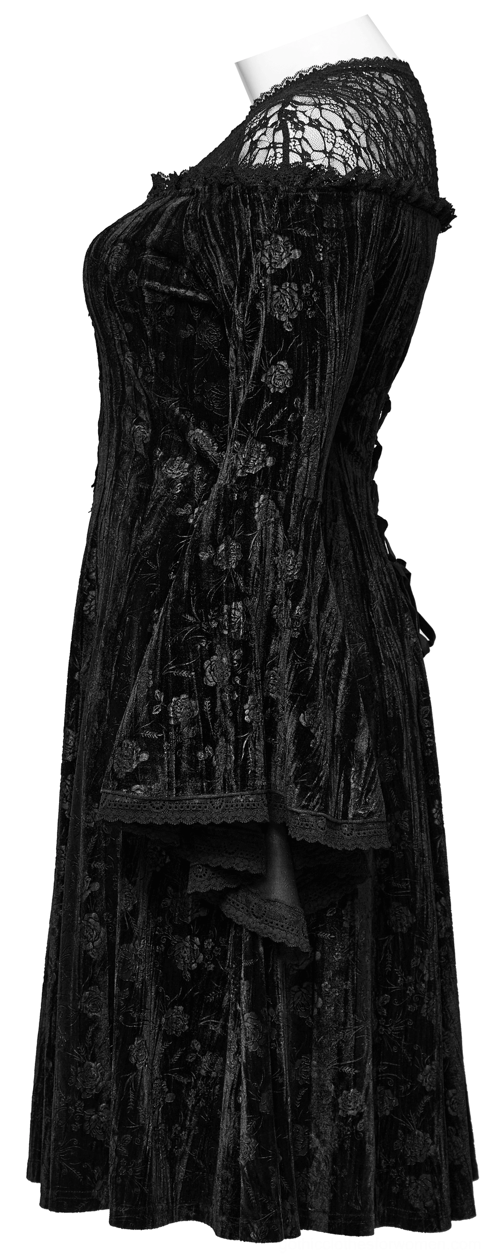 Black velvet rose gothic dress side view on mannequin showing off-shoulder lace yoke and flared bell sleeve silhouette