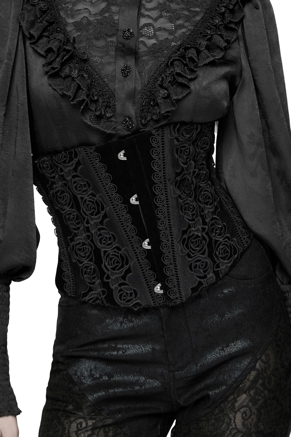 Black velvet gothic corset with rose lace embroidery front view, worn by model with dark styling and alternative fashion aesthetic