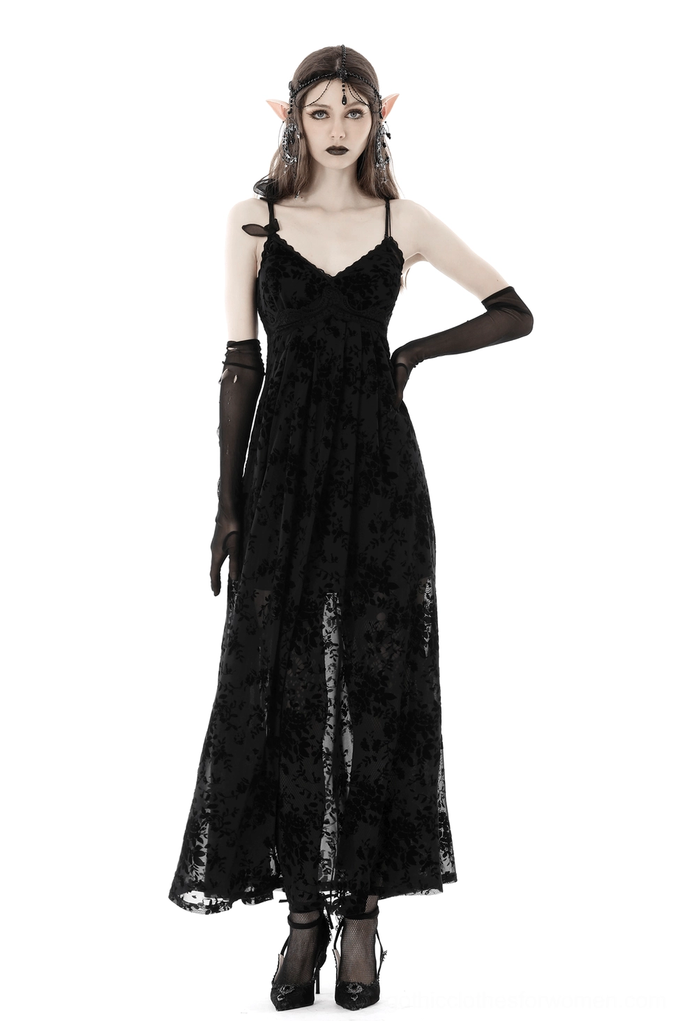 Black gothic velvet rose maxi dress front view with scalloped lace trim and spaghetti straps on model