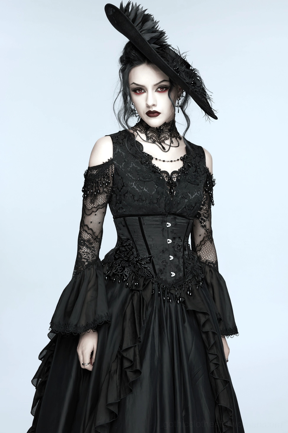 Black velvet rose gothic underbust corset main product shot with beaded fringe