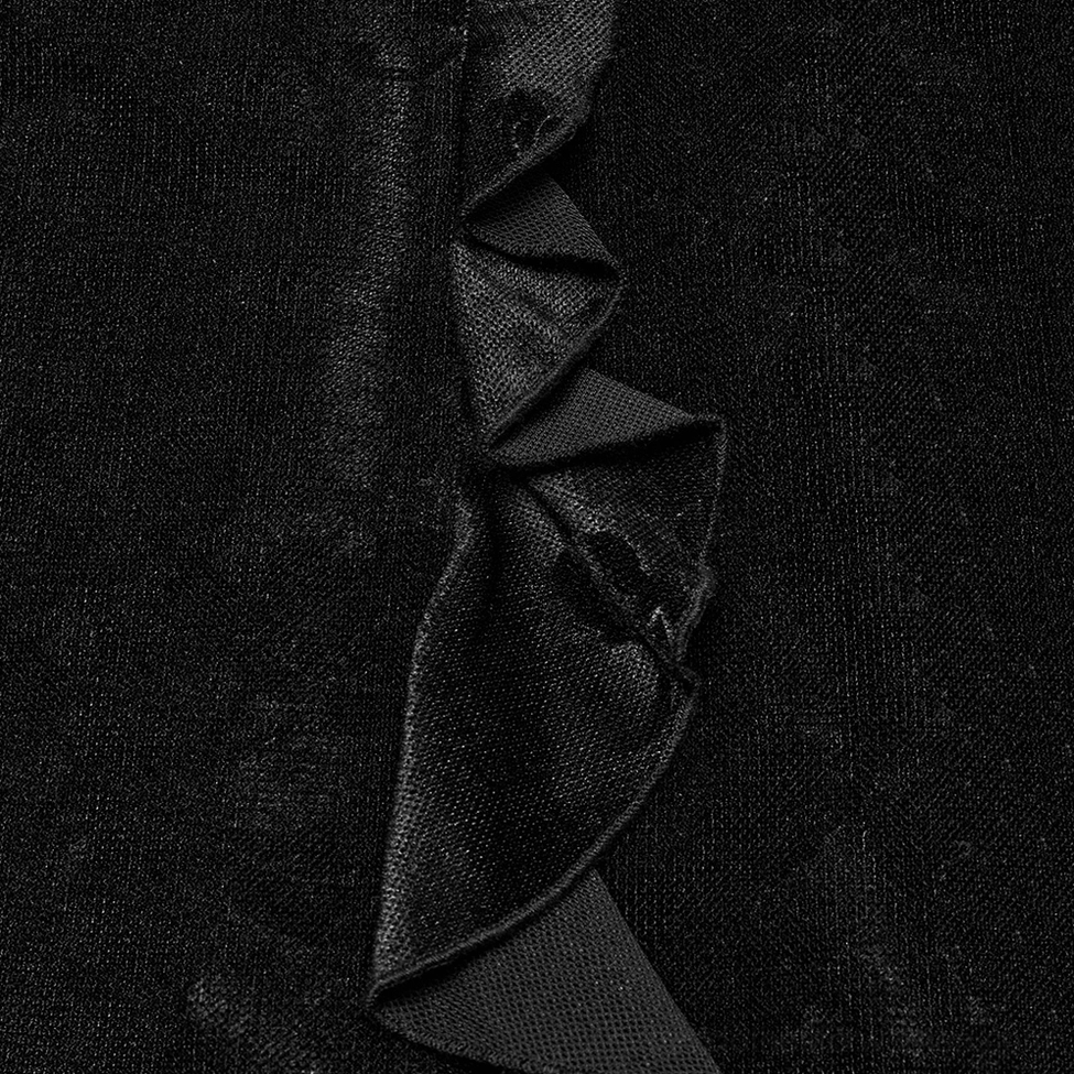 Black velvet ruffle trim detail close-up showcasing ruched fabric texture and gothic aesthetic