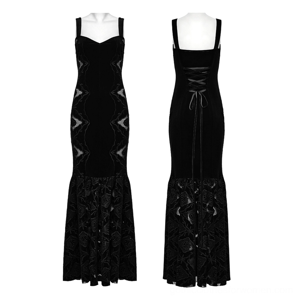 Mannequin display of black velvet gothic slip dress showing front and back details with sweetheart neckline and side lace panels