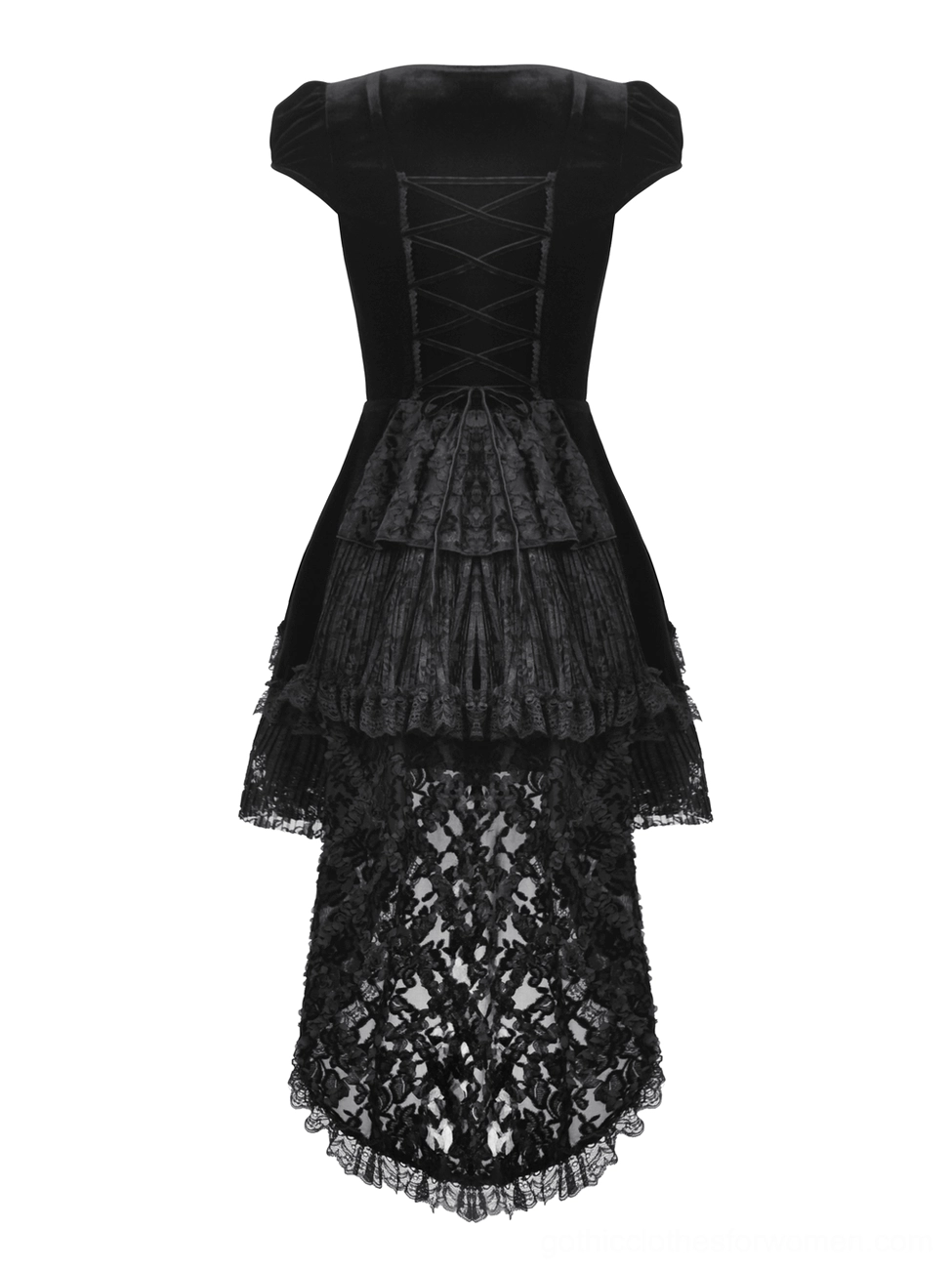 Black velvet swallowtail gothic dress back flat lay showing corset lace-up detailing, metal eyelets, and tiered ruffled lace tail skirt hem