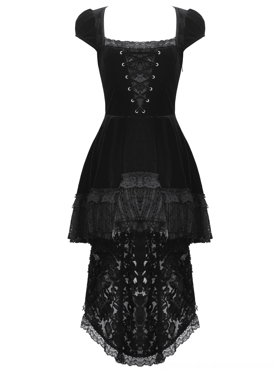 Black velvet swallowtail gothic dress flat lay front view on mannequin showing square lace-trimmed neckline, cap sleeves, and corset front lacing detail