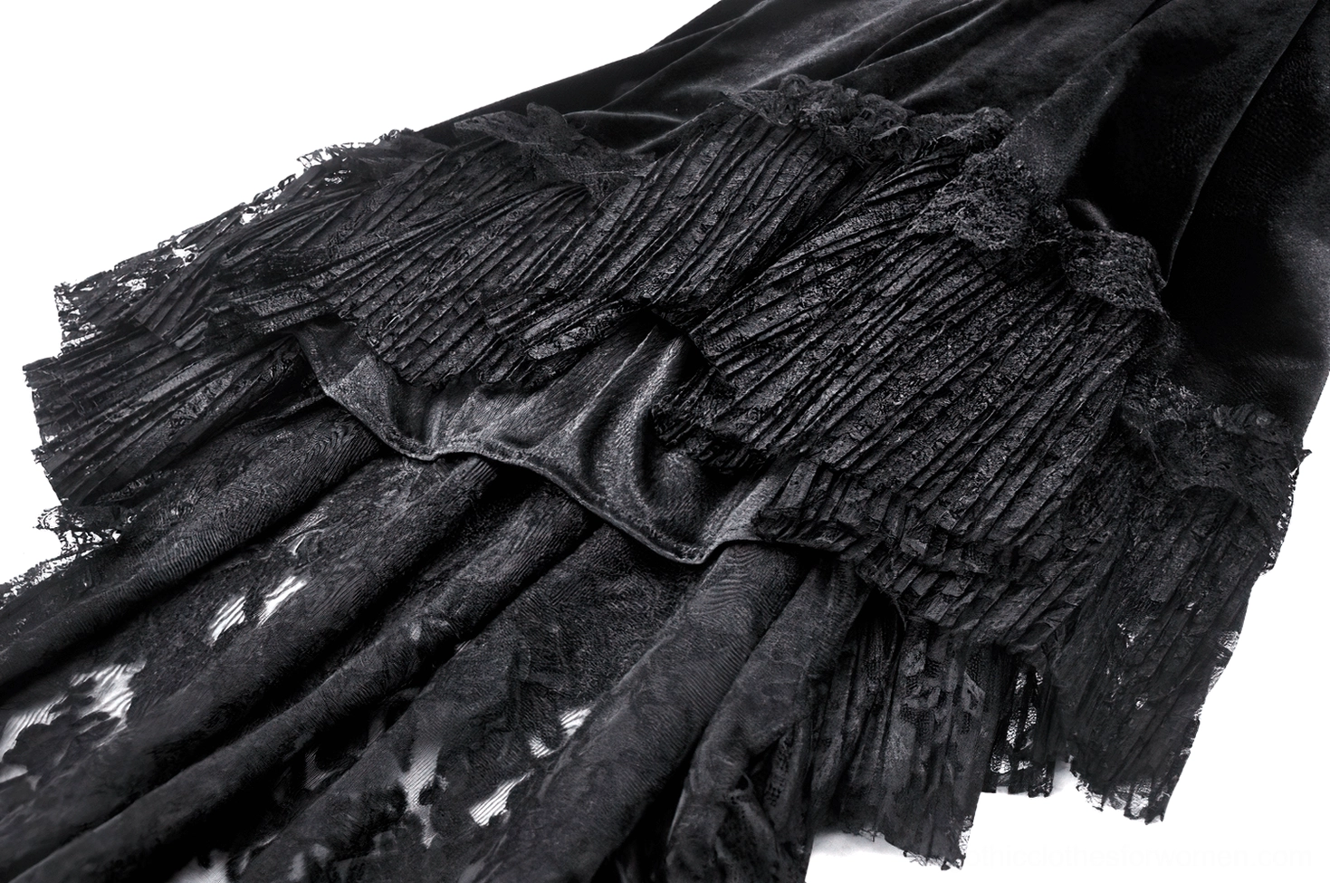 Frontal full-length view of black velvet swallowtail gothic dress on model showcasing complete silhouette, lace corset front, and ruffled skirt construction