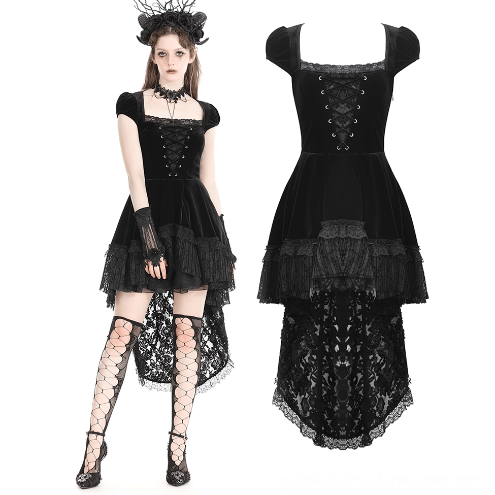Swallowtail gothic dress comparison - model wearing dress with fishnet stockings, choker, and fingerless gloves alongside flat lay mannequin display showing square neckline and lace details