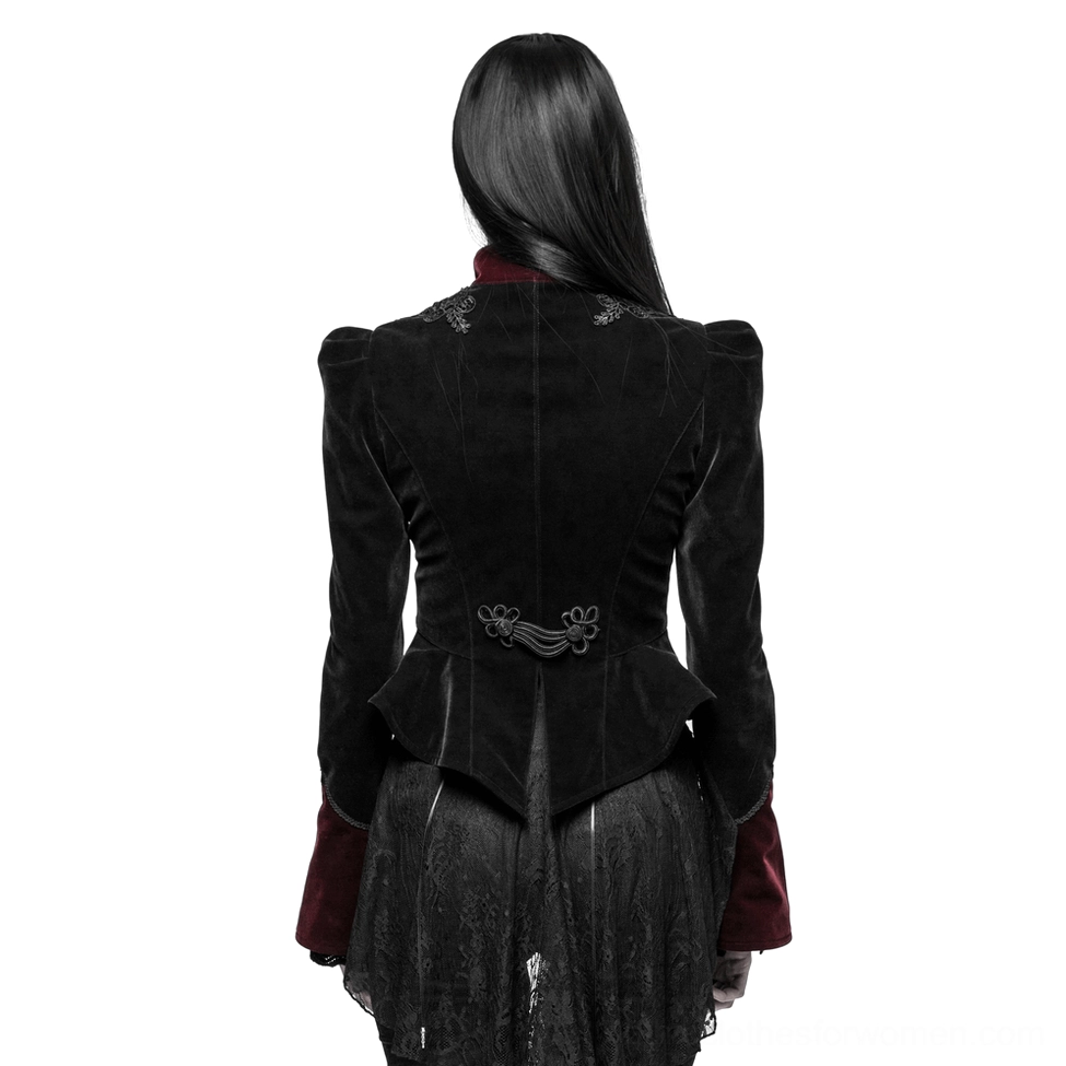 Gothic velvet tailcoat jacket back view showing decorative back buckle, tailored waist, and scissor-tail hem on model