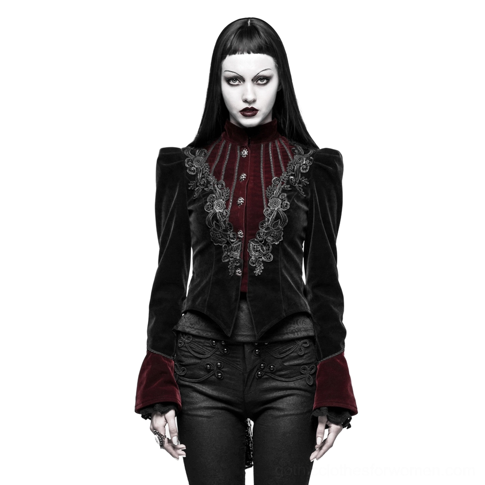 Black velvet gothic tailcoat jacket with embroidered lace chest detail, stand collar, and trumpet cuffs - front full view on model