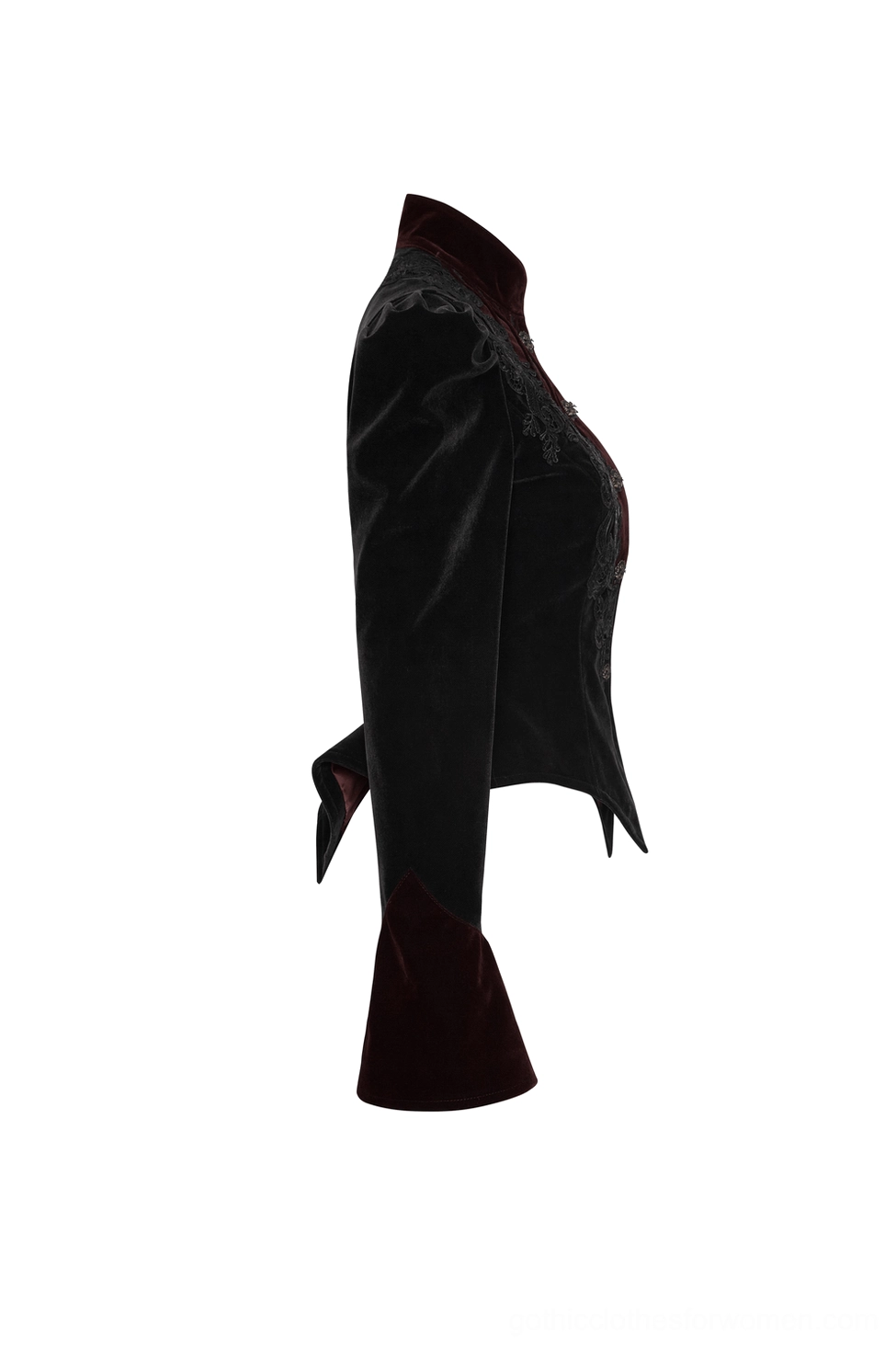 Side profile flat lay of black velvet gothic tailcoat showing slim cut, stand collar, and long fitted sleeves