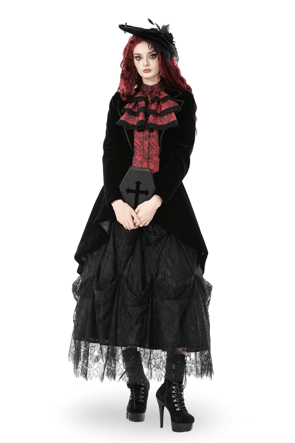 Black velvet gothic tailcoat with wine red ruffled insert front view, shown on model with feather hat, featuring crimson ruffled front panel and high-low hemline