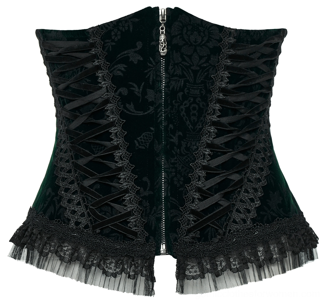 Front view of strapless black velveteen gothic corset with floral velvet pattern, metal front zipper, velvet ribbon lacing, and embroidered lace hem detail