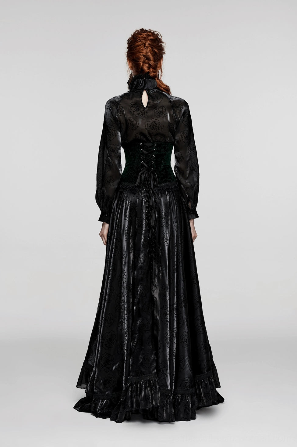 Alternative angle of black velveteen gothic corset highlighting craftsmanship details, floral velvet texture, lace trim, and Victorian-inspired construction
