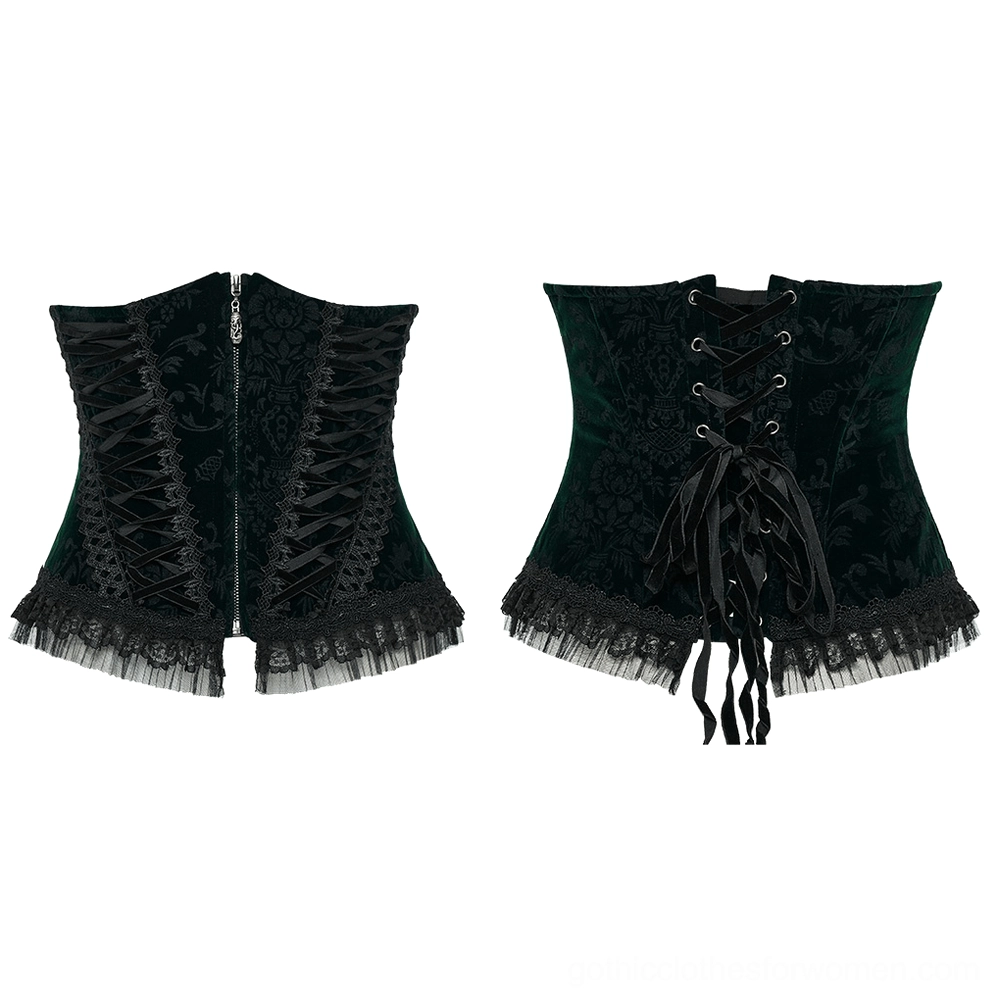 Flat lay comparison of dark green and black velveteen gothic corsets featuring front metal zipper closure, mesh ruffle hem, and embroidered lace trim