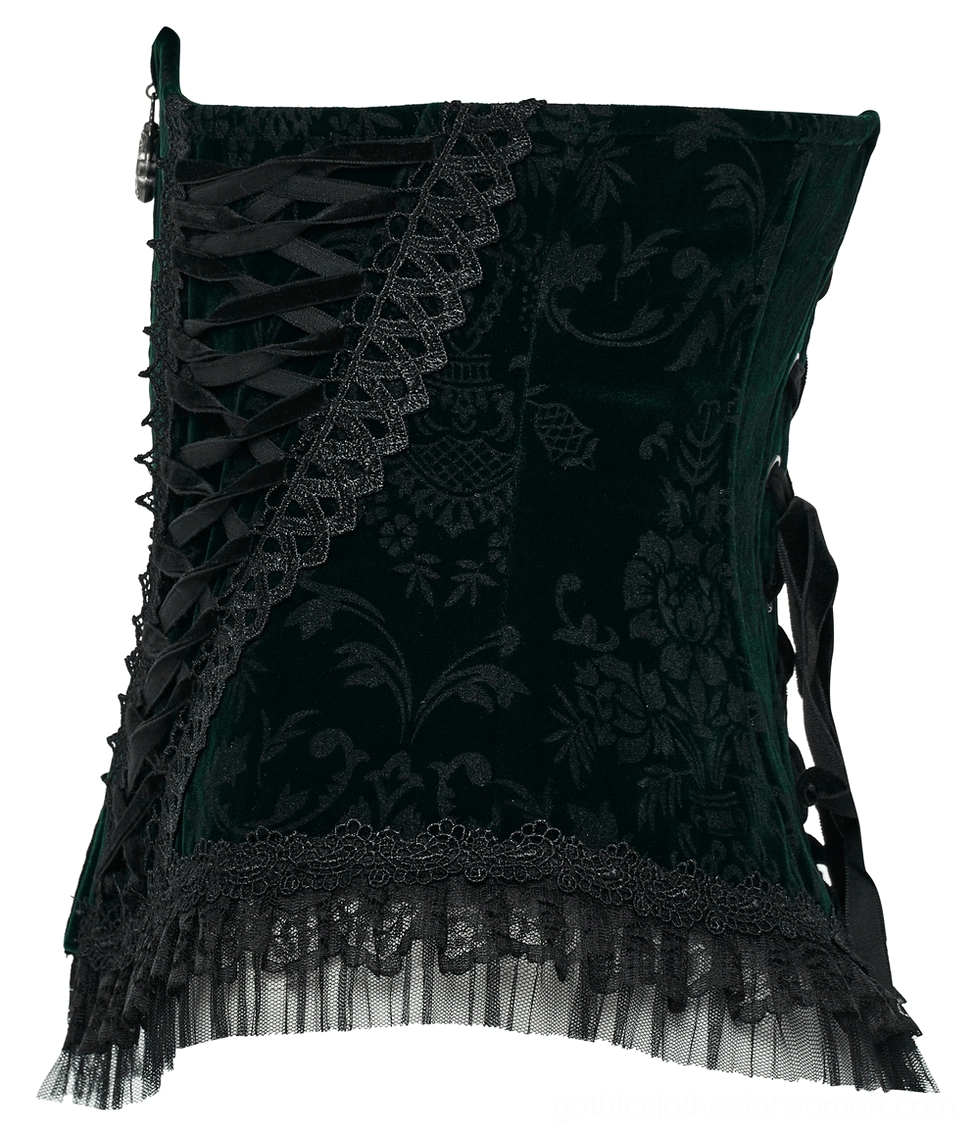 Side view of black velveteen gothic corset displaying structured silhouette, side lace lacing, metal zipper closure, floral velvet texture, and sheer mesh ruffle hem