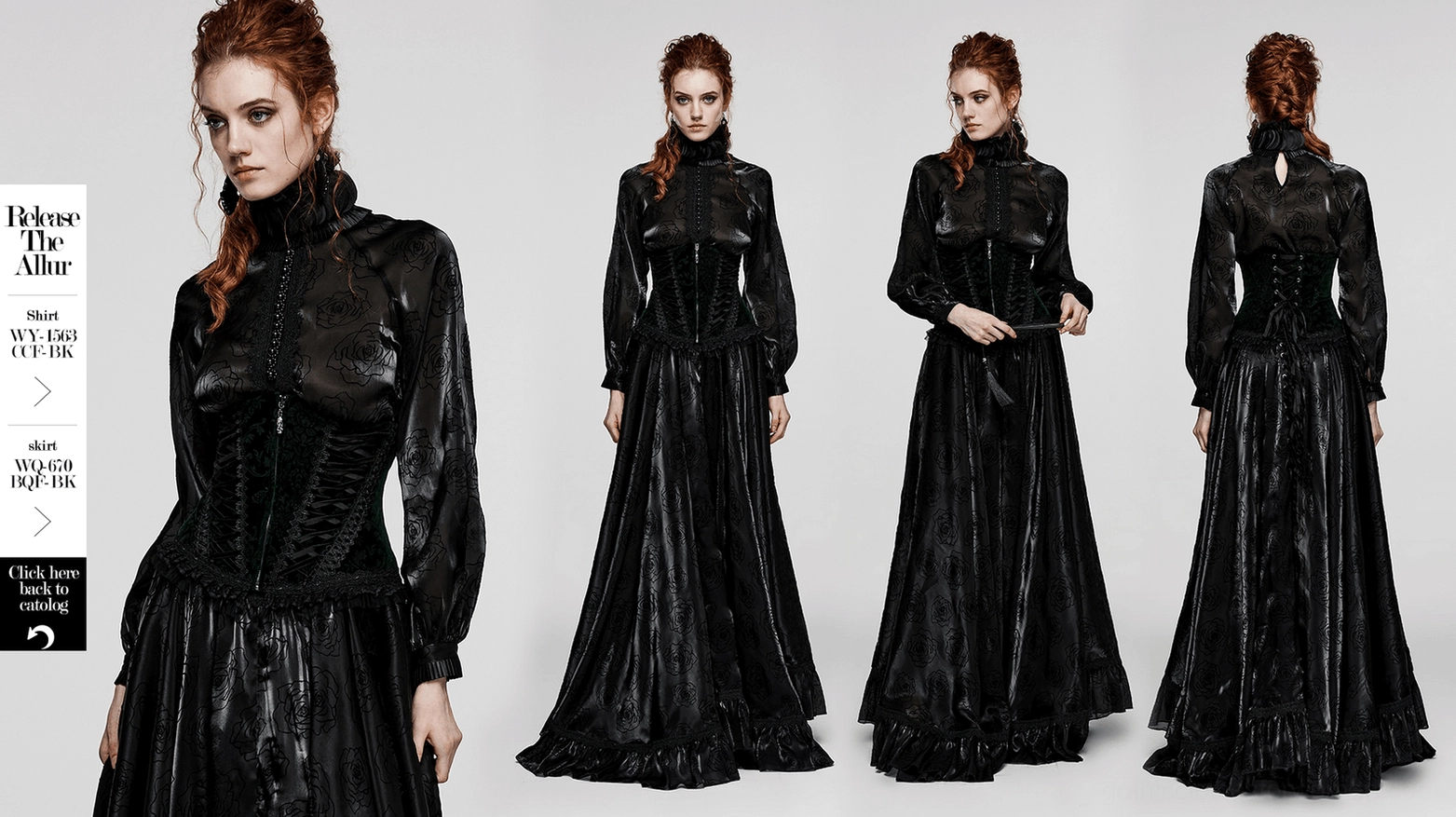 Black velveteen gothic corset worn display showing how corset accentuates waist, flatters silhouette, and pairs with complementary gothic fashion styling
