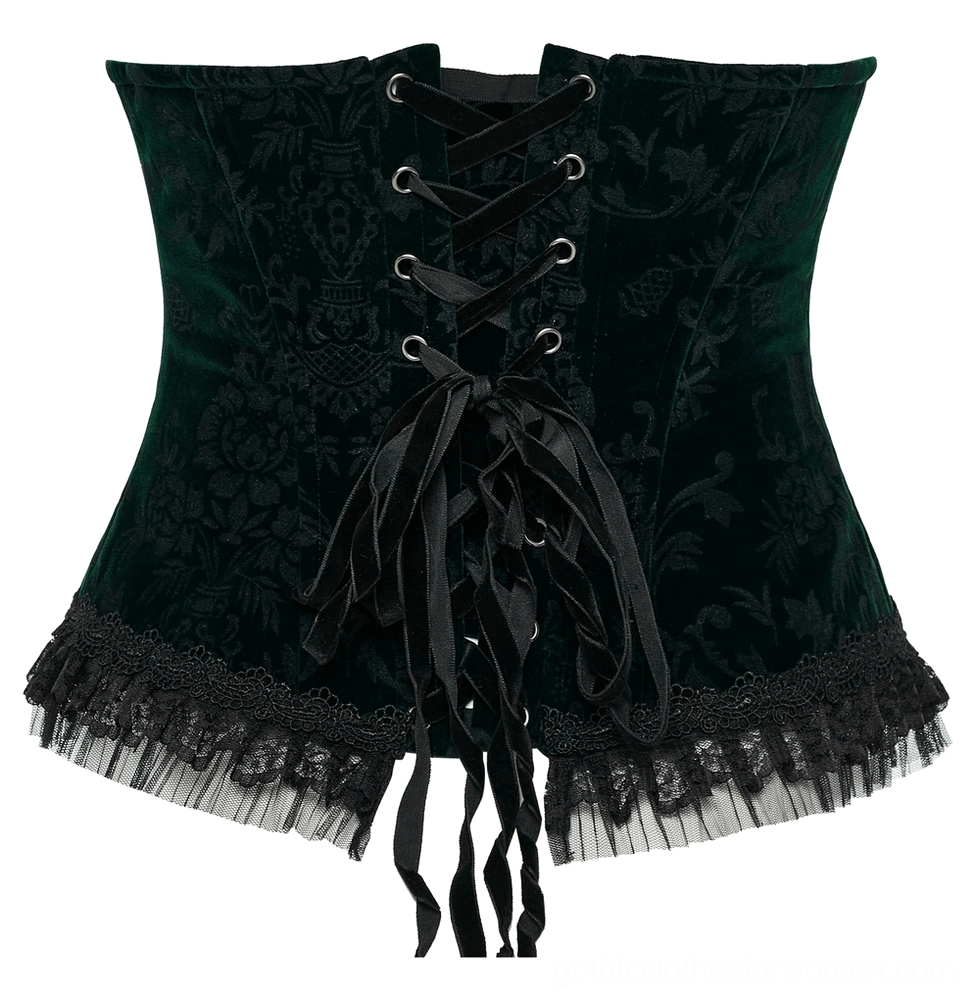 Back view of strapless black velveteen corset showing dark floral velvet, lace ribbon back lacing with metal eyelets, mesh ruffle hem, and symmetrical lace detailing