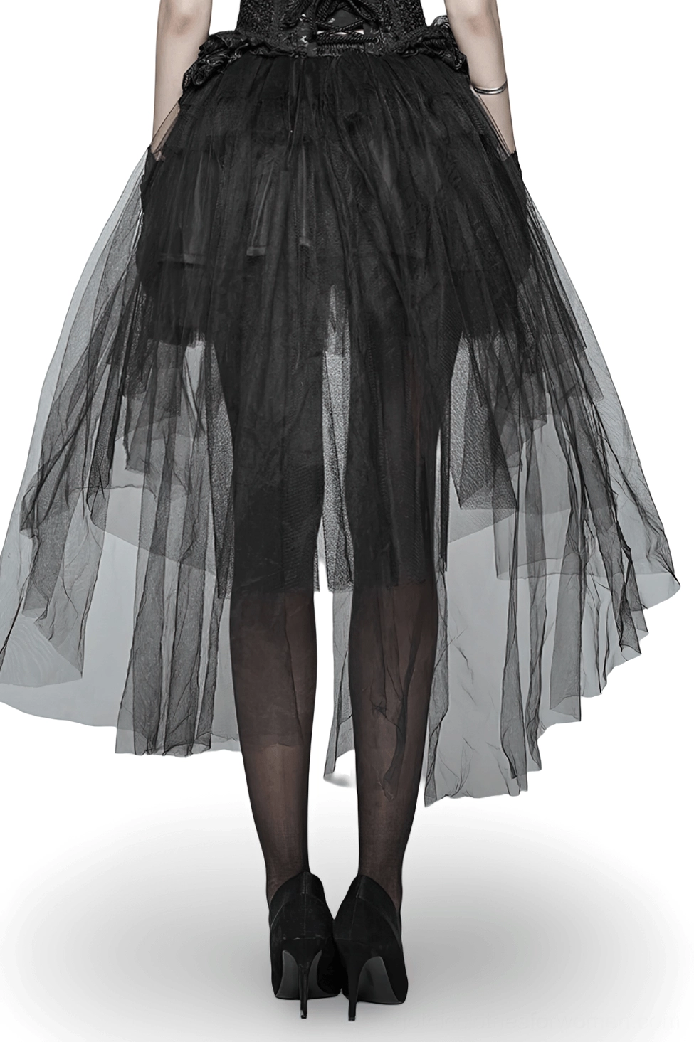 Black gothic bustle skirt rear view showing layered tulle hem and sheer overlay detail
