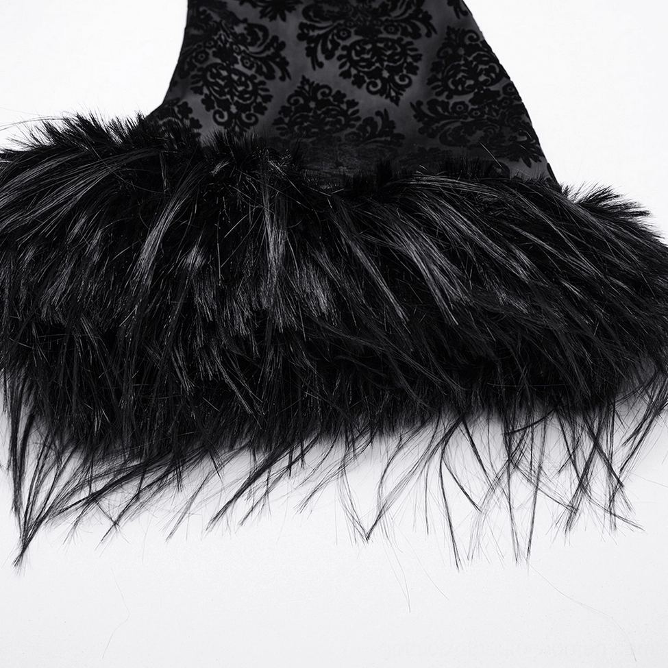 Full-length front view of black Victorian damask hooded gothic coat with faux fur trim