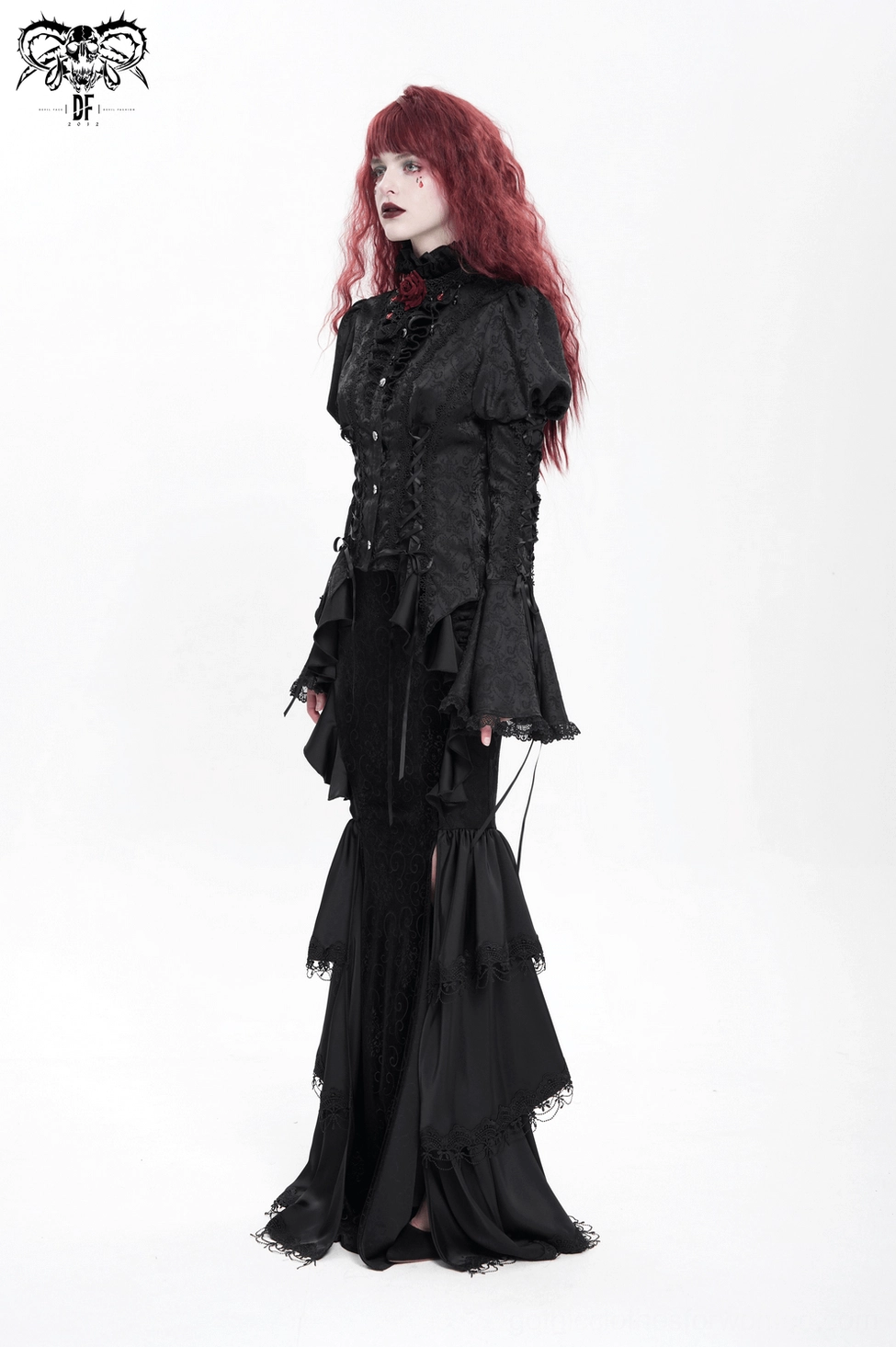 Full-Body Back View of Black Victorian Gothic Blouse - Corset Lacing and Bell Sleeves
