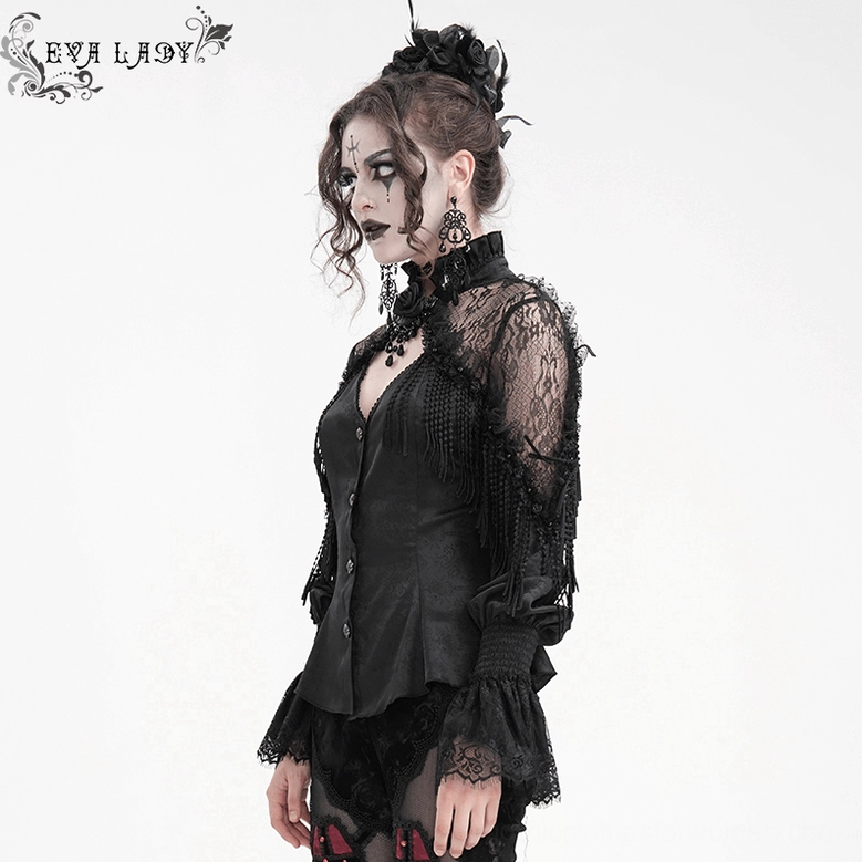 Front full view of black lace Victorian gothic blouse featuring high neckline, beaded tassel pendant, and intricate lace construction