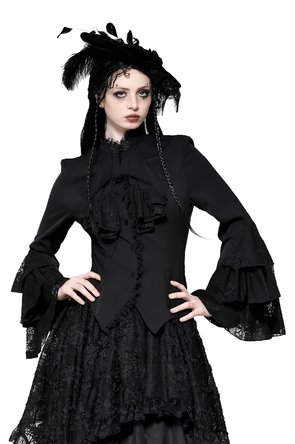 Black Victorian gothic blouse with tiered ruffle sleeves and lace front panel, worn by model in front-facing full-body view against white studio background