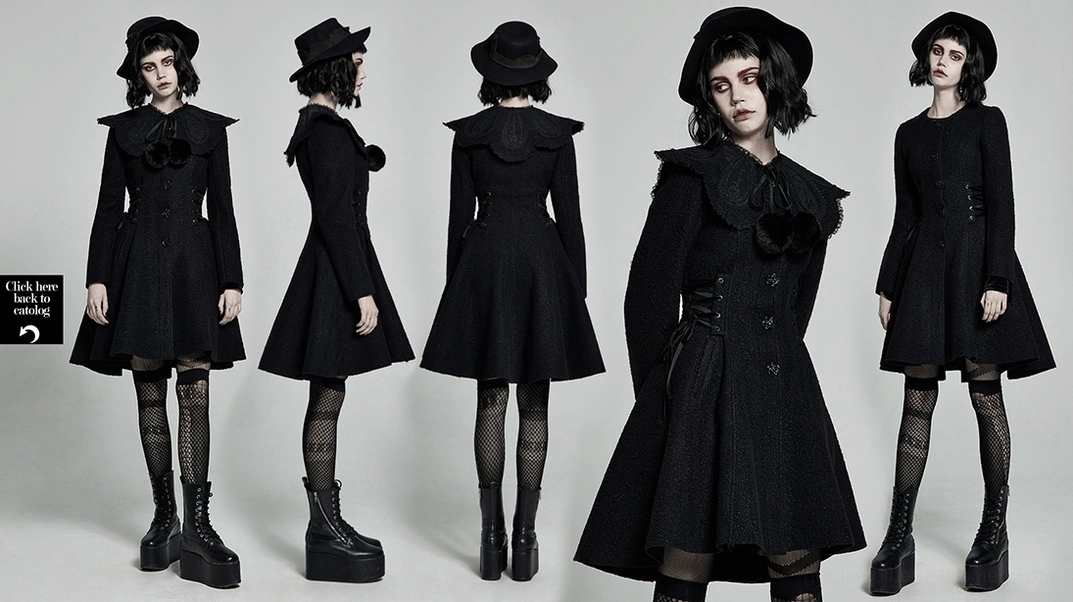 Black Victorian gothic winter coat ready for dark fashion statement and gothic lifestyle