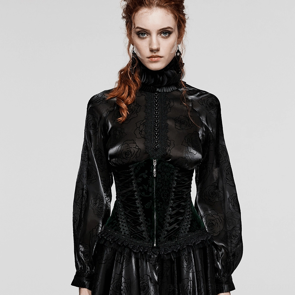 Black velveteen victorian gothic corset full length view highlighting front zipper closure, structured bodice, lace detailing, and elegant silhouette