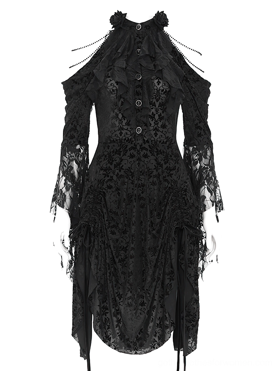Black Victorian gothic cold-shoulder evening dress with beaded trim and asymmetric hem, mannequin display