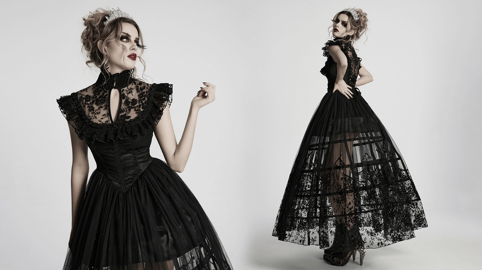 Black victorian gothic mesh dress ensemble view - perfect for goth events and alternative fashion photography