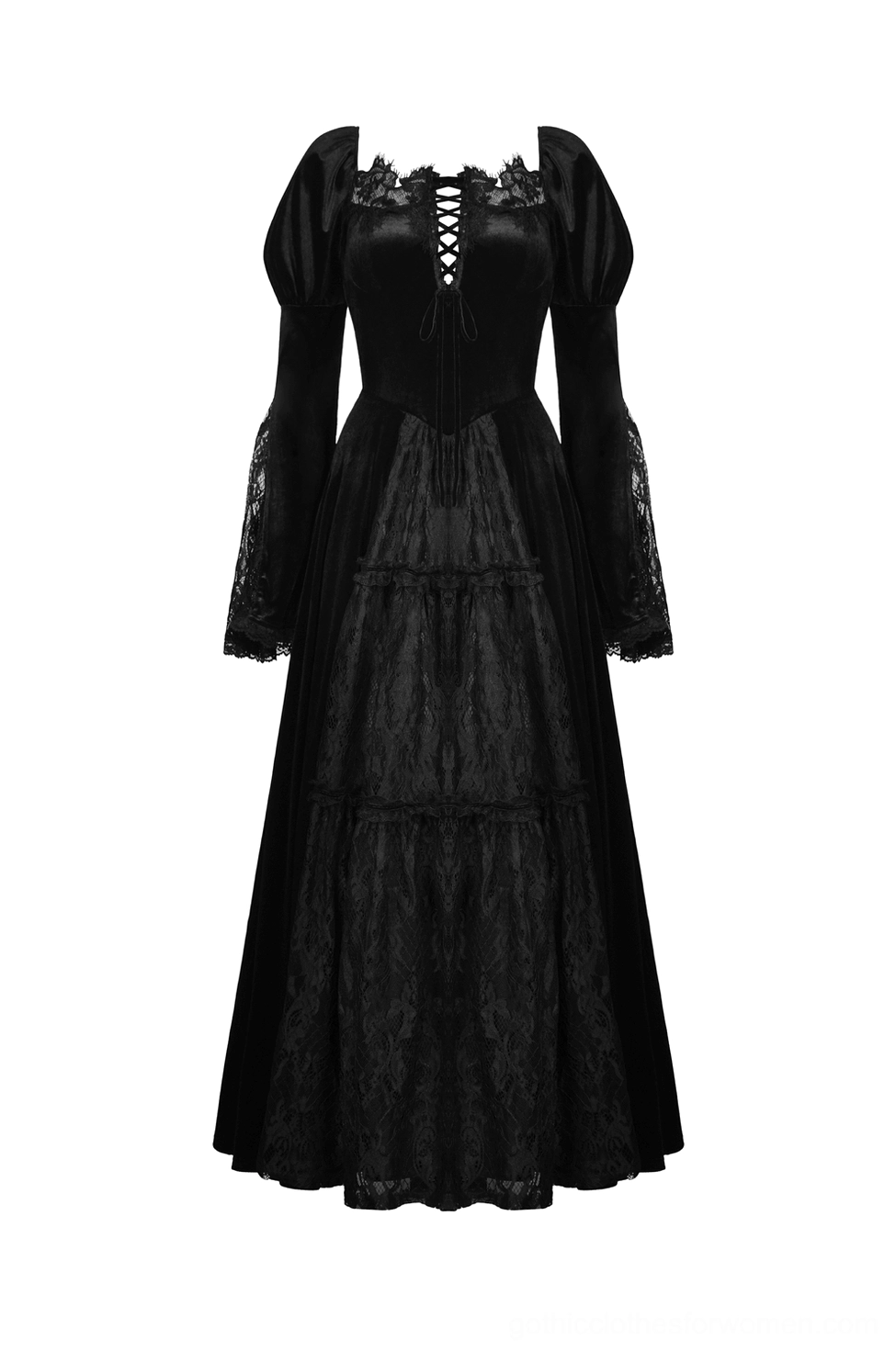 Flat lay front view of black lace Victorian gothic gown showing square neckline, lace-up bodice, and tiered skirt detail