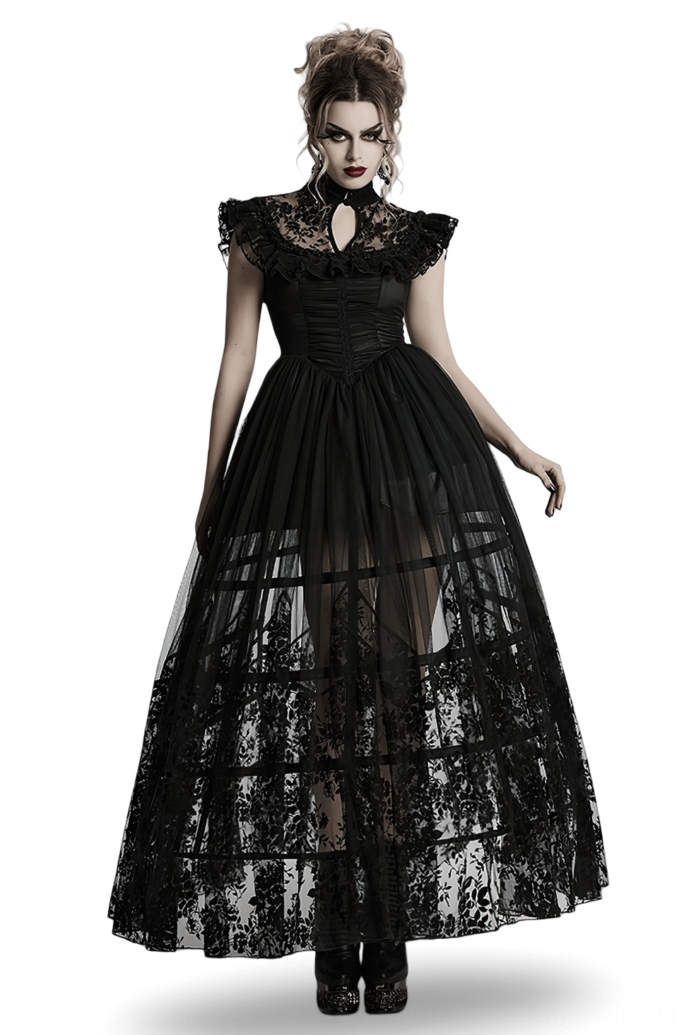 Black victorian gothic mesh dress with ruffled flying sleeves front view on model - sheer floral lace overlay with high neck