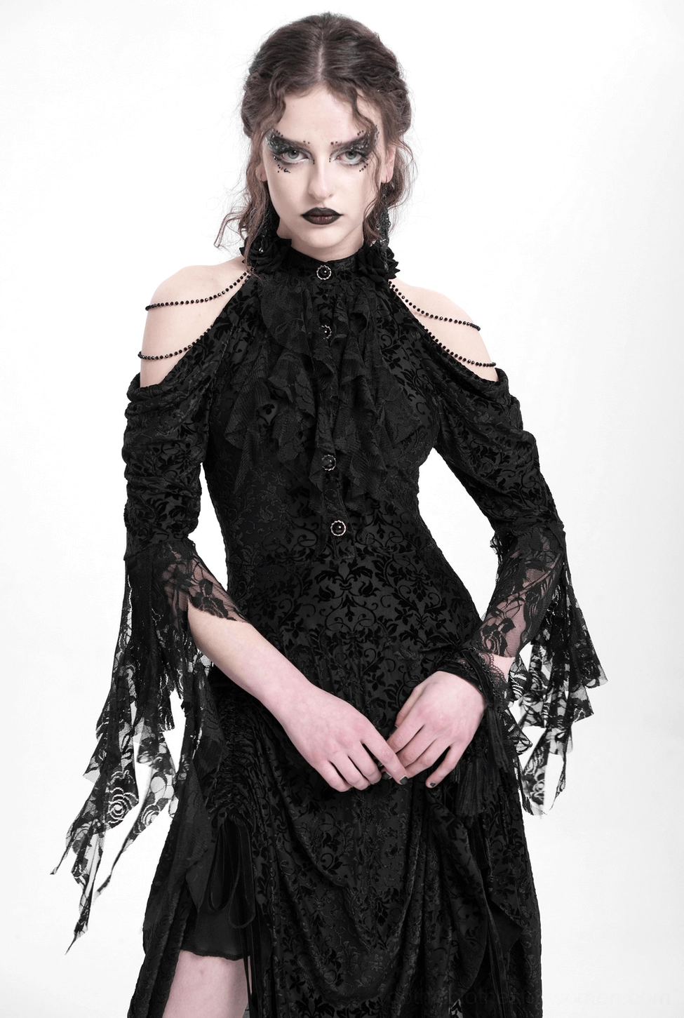 Black Victorian gothic dress with ornate beading and lace detailing, elegant styling view