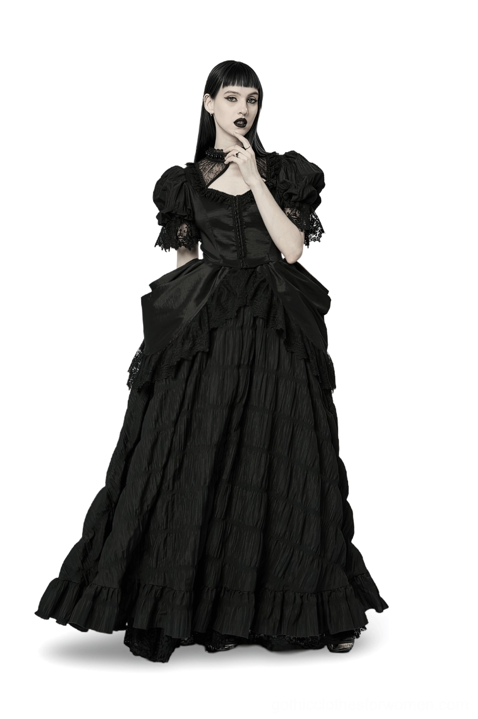 Black Victorian gothic lace evening gown with puff sleeves and embellished square neckline, worn by female model in front view