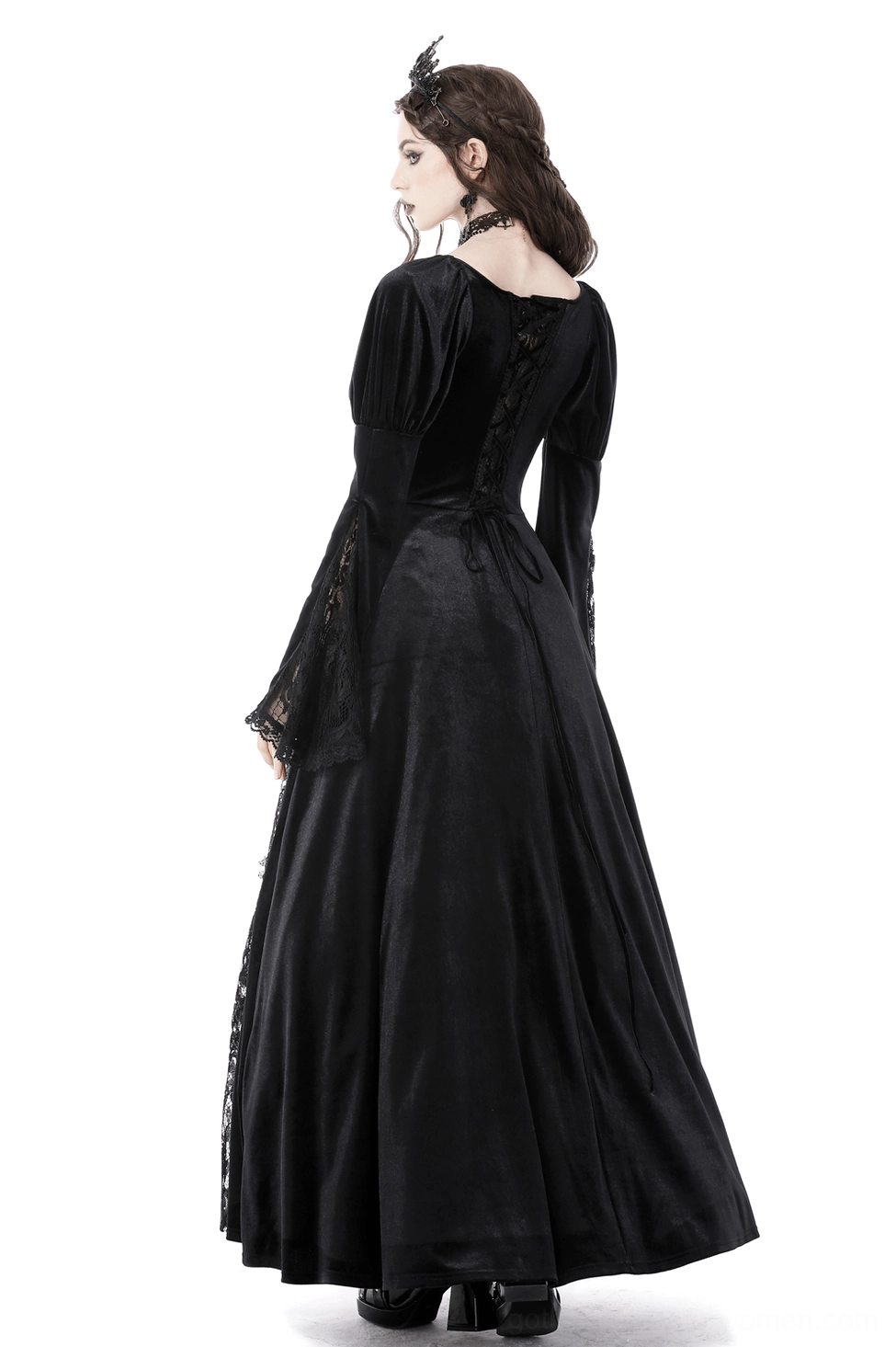 Back view of black gothic evening gown showing crisscross lace-up corset back and floor-length puff sleeves